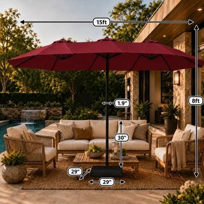 【Crazy Price】☂️15/13FT Double-Sided Patio Umbrella | Extra-Wide Outdoor Shade, Heavy-Duty Frame & 2 Sandbags Included