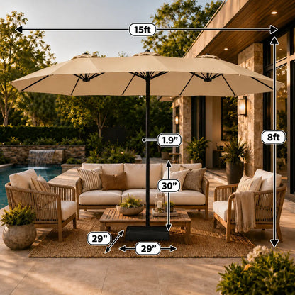 【Crazy Price】☂️15/13FT Double-Sided Patio Umbrella | Extra-Wide Outdoor Shade, Heavy-Duty Frame & 2 Sandbags Included