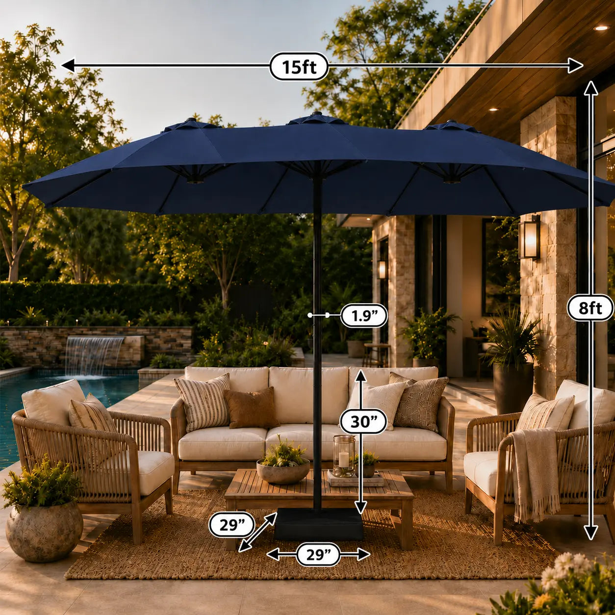【Crazy Price】☂️15/13FT Double-Sided Patio Umbrella | Extra-Wide Outdoor Shade, Heavy-Duty Frame & 2 Sandbags Included