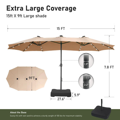 Elevate Your Outdoor Comfort☂️15-foot Large Outdoor Patio Umbrella with Base – LED Lights Optional