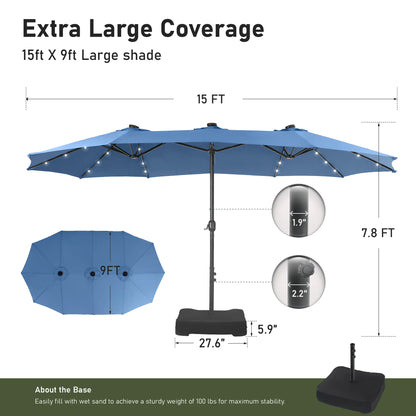 Elevate Your Outdoor Comfort☂️15-foot Large Outdoor Patio Umbrella with Base – LED Lights Optional