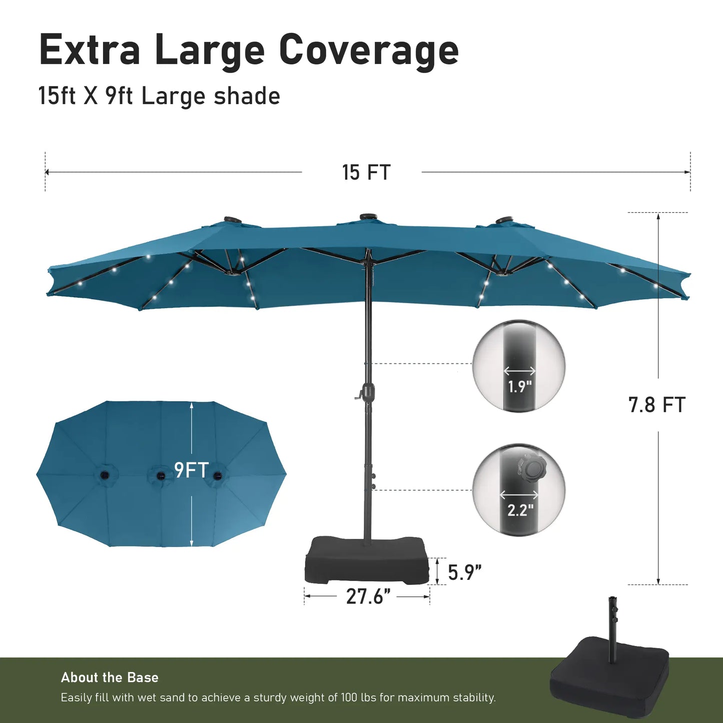 Elevate Your Outdoor Comfort☂️15-foot Large Outdoor Patio Umbrella with Base – LED Lights Optional
