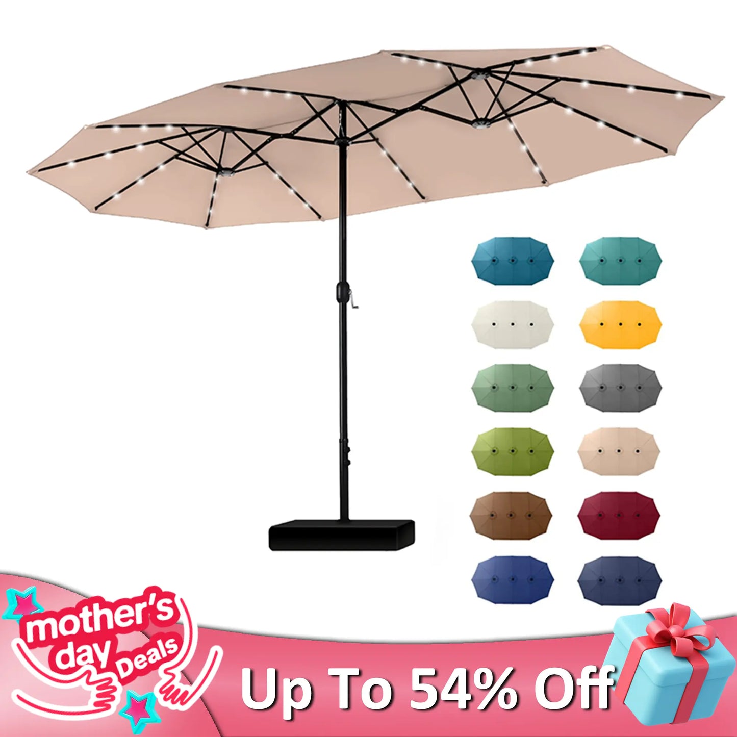 Elevate Your Outdoor Comfort☂️15-foot Large Outdoor Patio Umbrella with Base – LED Lights Optional
