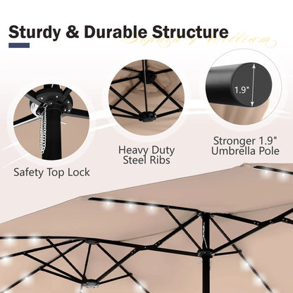 Elevate Your Outdoor Comfort☂️15-foot Large Outdoor Patio Umbrella with Base – LED Lights Optional