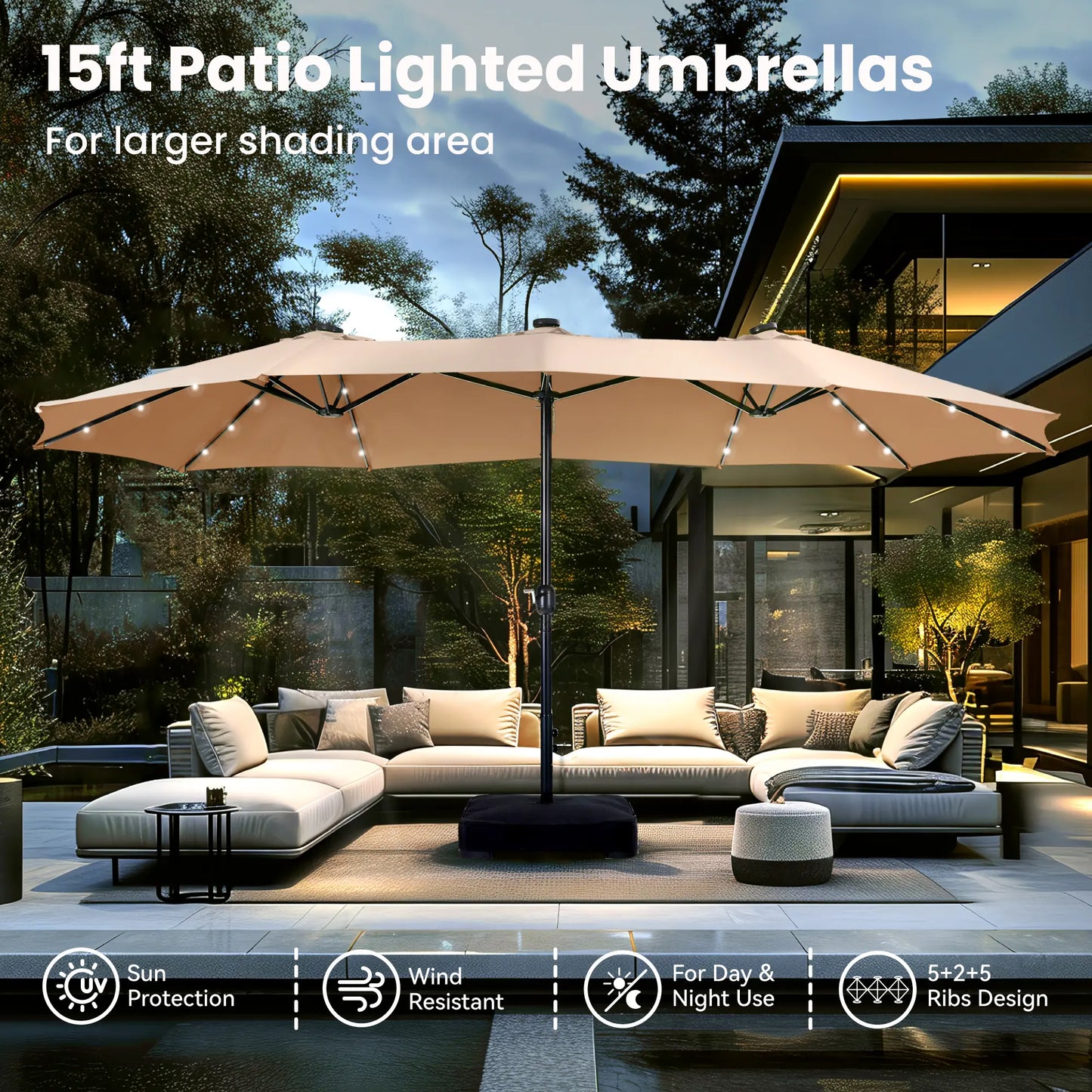 Elevate Your Outdoor Comfort☂️15-foot Large Outdoor Patio Umbrella with Base – LED Lights Optional