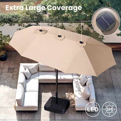 Elevate Your Outdoor Comfort☂️15-foot Large Outdoor Patio Umbrella with Base – LED Lights Optional