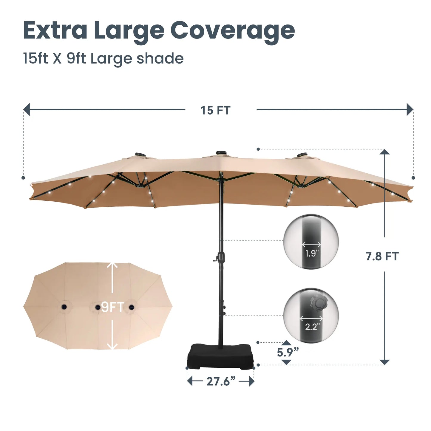 Elevate Your Outdoor Comfort☂️15-foot Large Outdoor Patio Umbrella with Base – LED Lights Optional