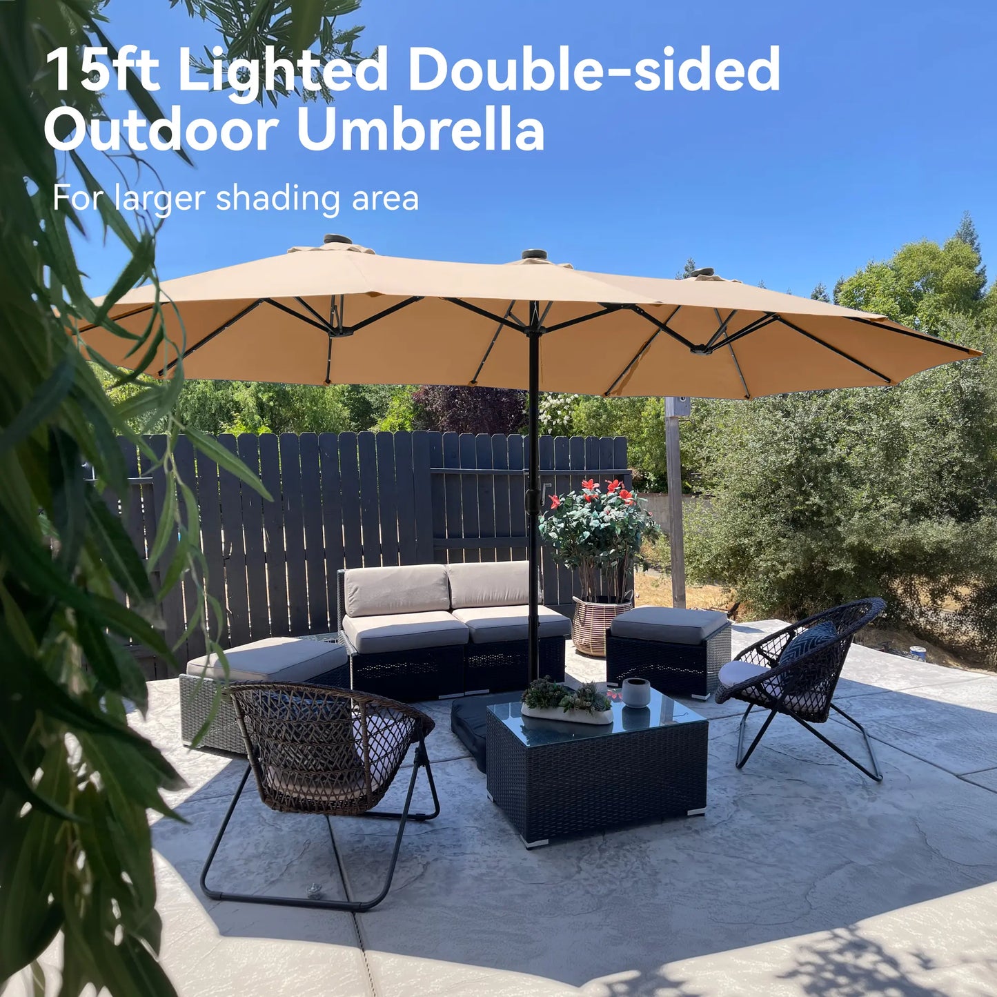 Elevate Your Outdoor Comfort☂️15-foot Large Outdoor Patio Umbrella with Base – LED Lights Optional