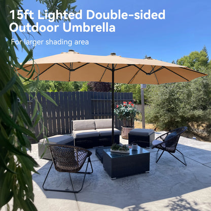 Elevate Your Outdoor Comfort☂️15-foot Large Outdoor Patio Umbrella with Base – LED Lights Optional