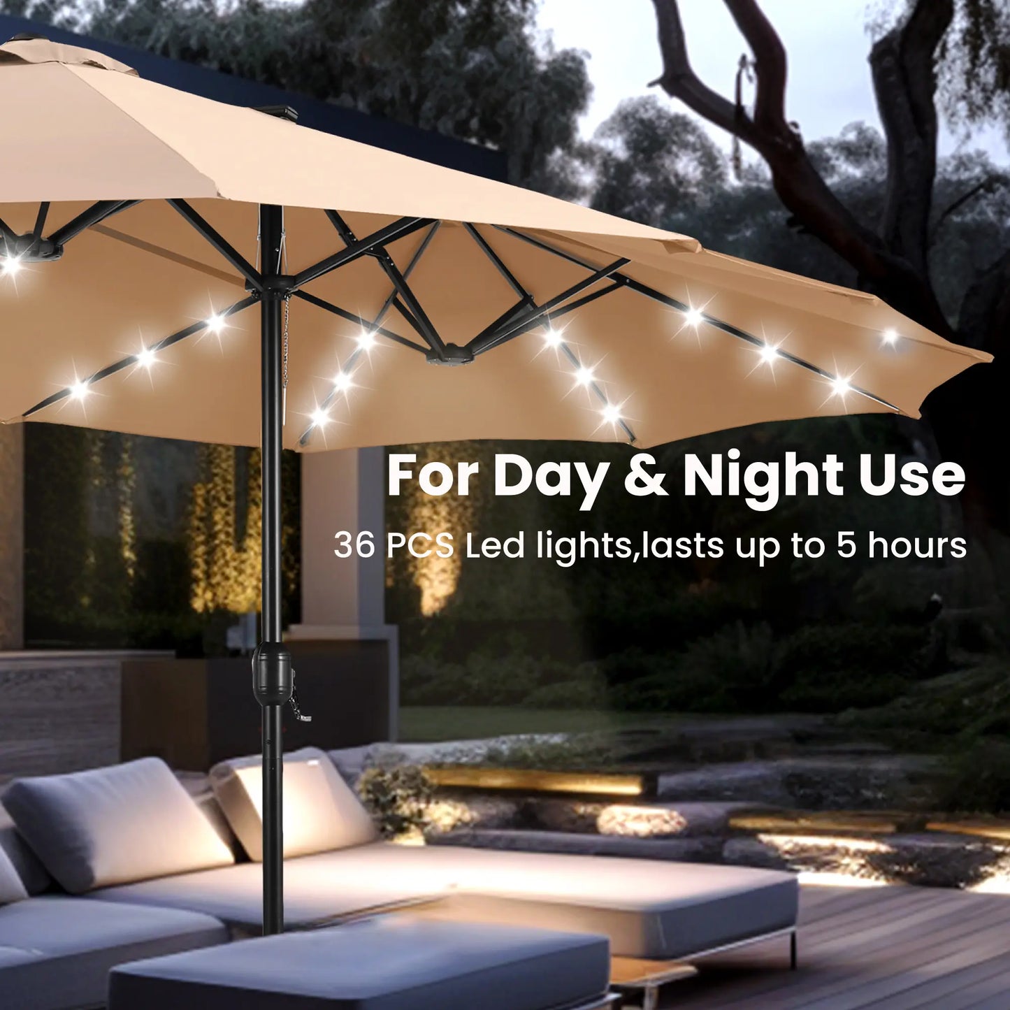 Elevate Your Outdoor Comfort☂️15-foot Large Outdoor Patio Umbrella with Base – LED Lights Optional