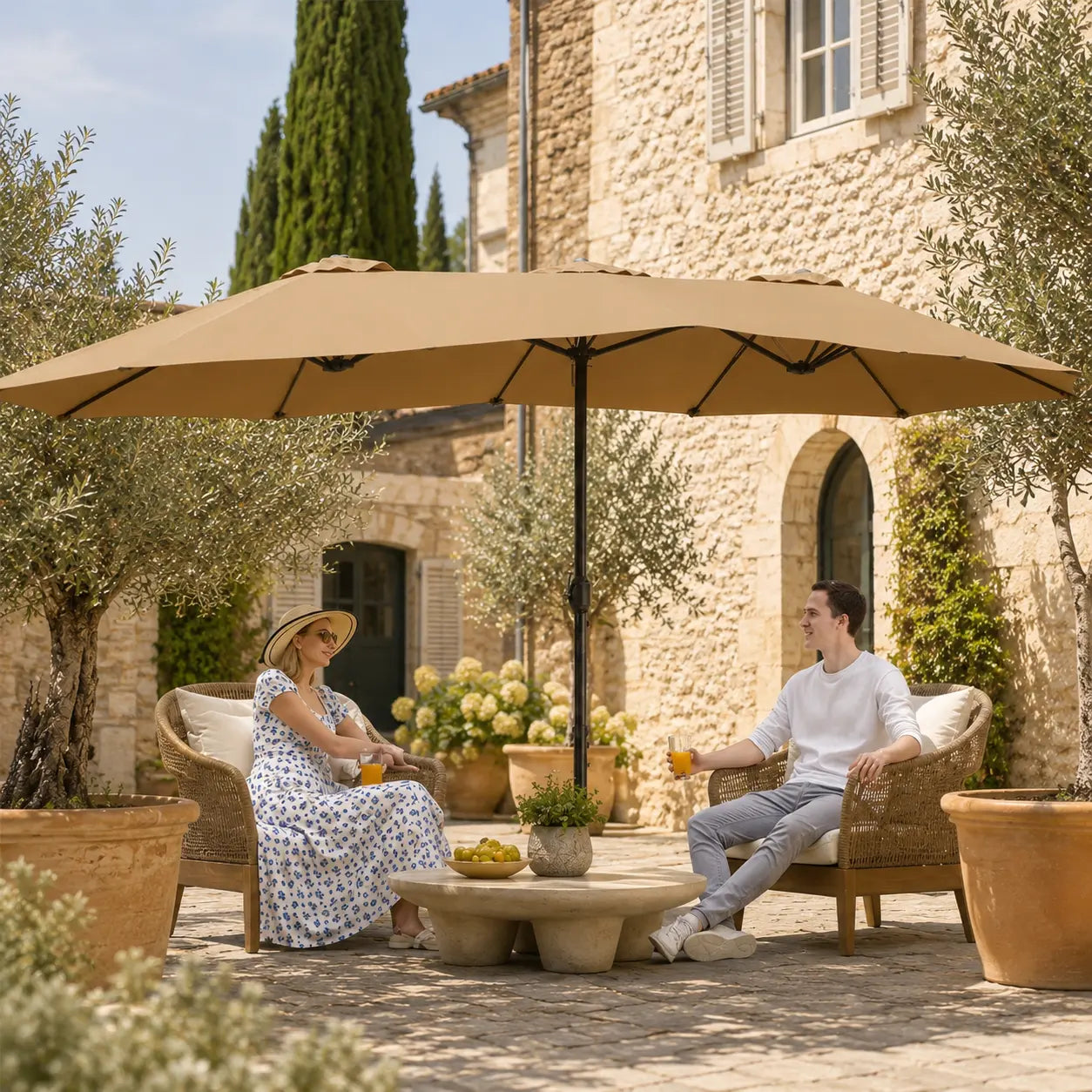 【Crazy Price】☂️15/13FT Double-Sided Patio Umbrella | Extra-Wide Outdoor Shade, Heavy-Duty Frame & 2 Sandbags Included