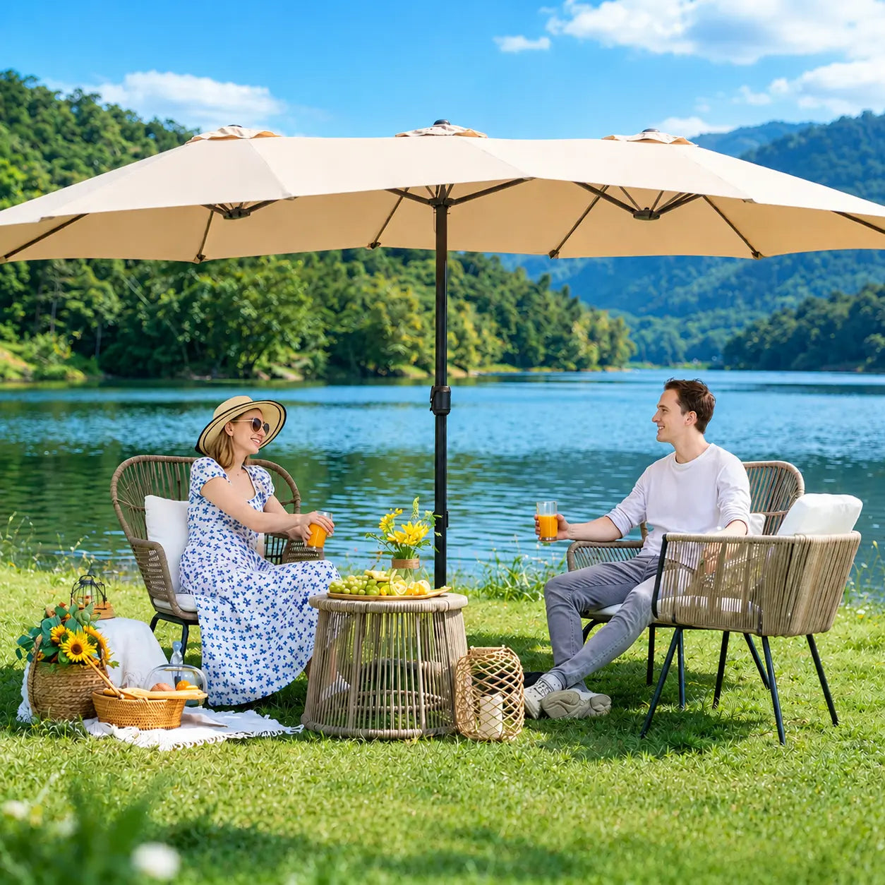 【Crazy Price】☂️15/13FT Double-Sided Patio Umbrella | Extra-Wide Outdoor Shade, Heavy-Duty Frame & 2 Sandbags Included
