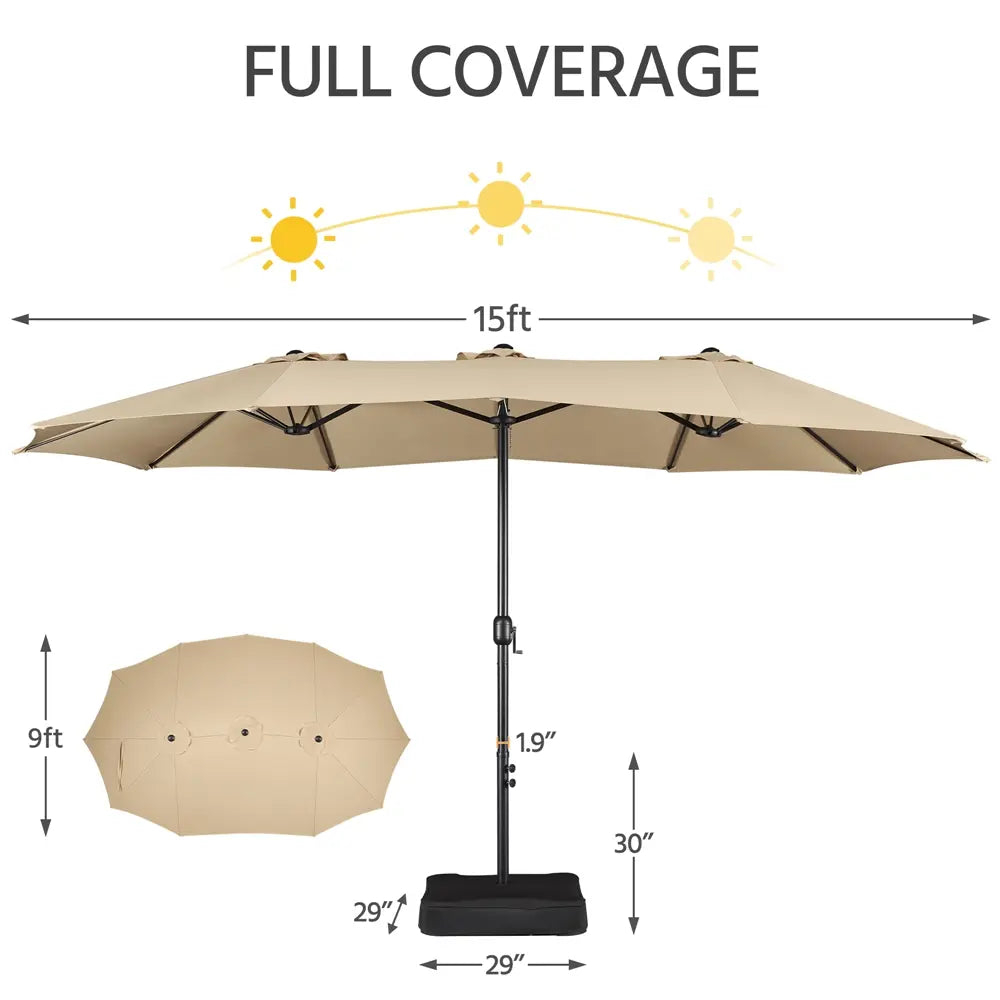 【Crazy Price】☂️15/13FT Double-Sided Patio Umbrella | Extra-Wide Outdoor Shade, Heavy-Duty Frame & 2 Sandbags Included