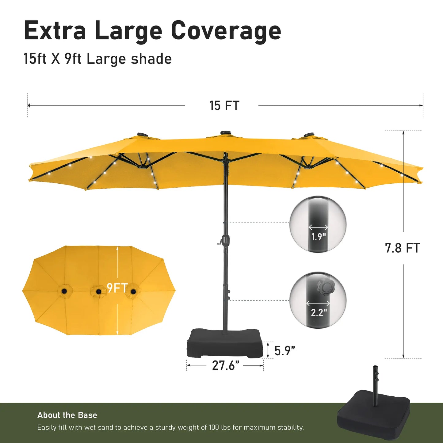 Elevate Your Outdoor Comfort☂️15-foot Large Outdoor Patio Umbrella with Base – LED Lights Optional