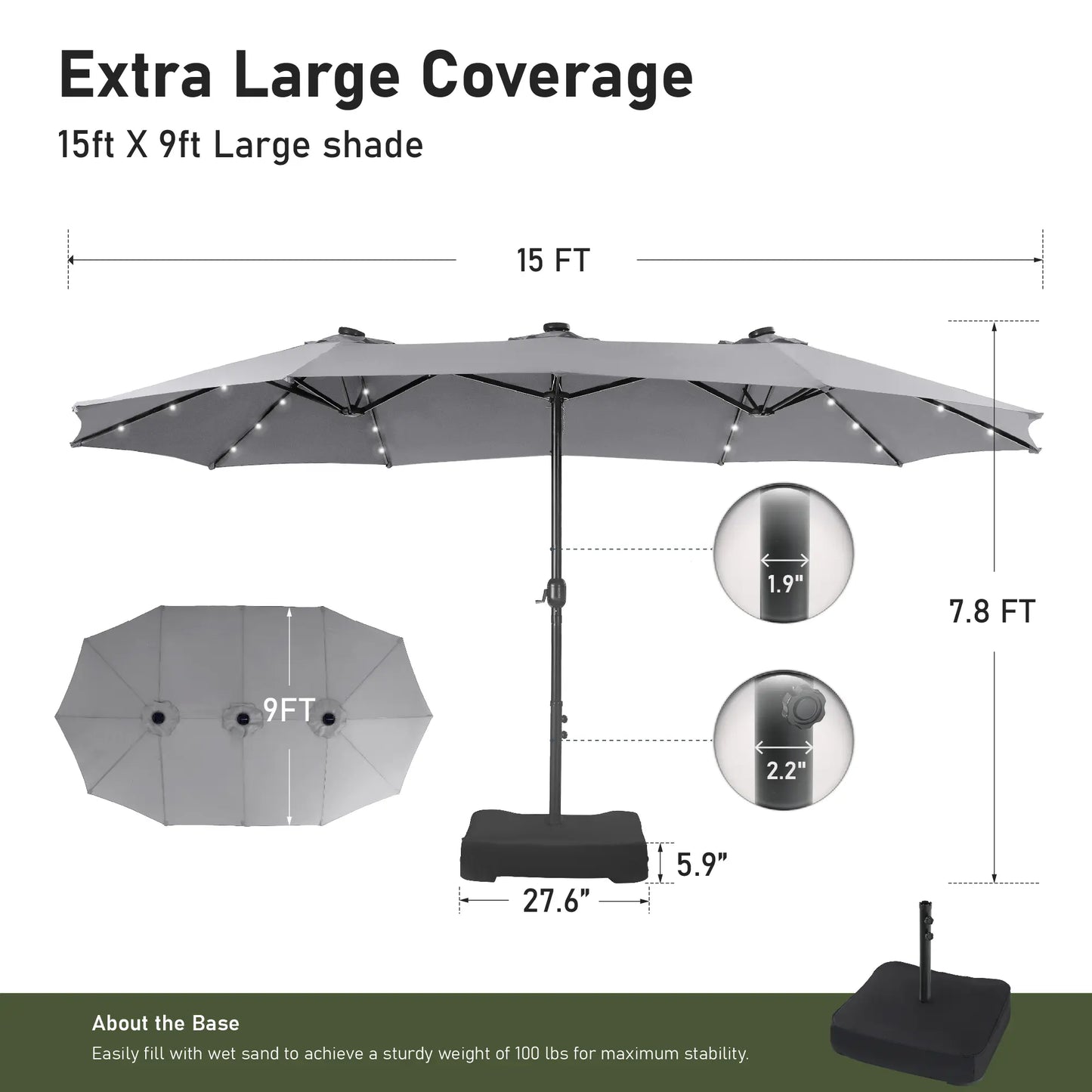 Elevate Your Outdoor Comfort☂️15-foot Large Outdoor Patio Umbrella with Base – LED Lights Optional