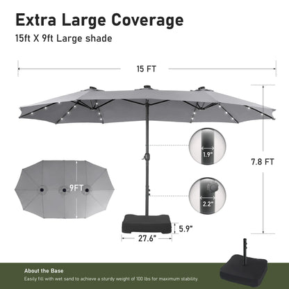 Elevate Your Outdoor Comfort☂️15-foot Large Outdoor Patio Umbrella with Base – LED Lights Optional