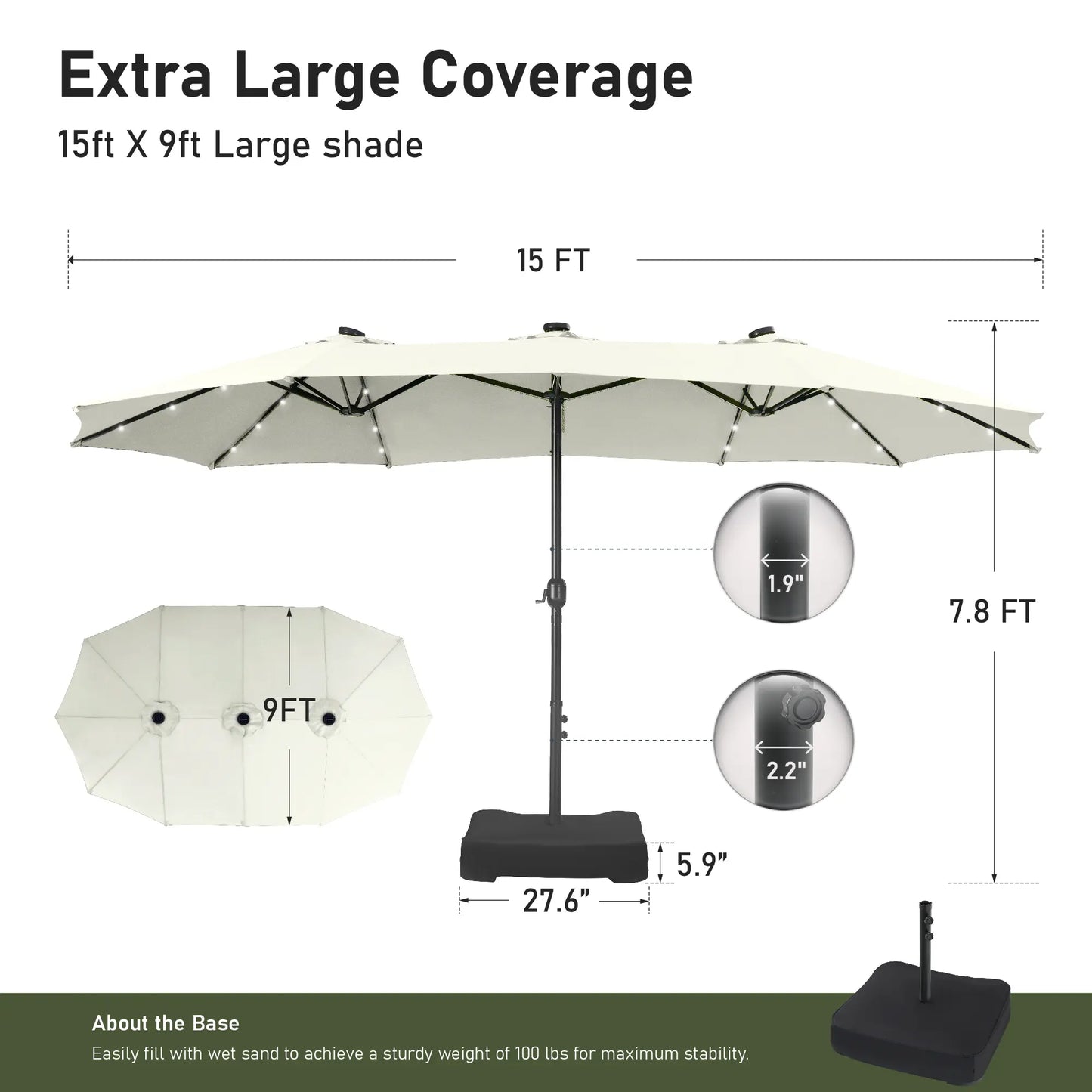 Elevate Your Outdoor Comfort☂️15-foot Large Outdoor Patio Umbrella with Base – LED Lights Optional