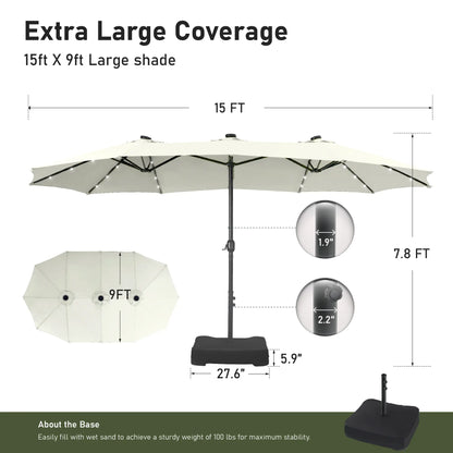 Elevate Your Outdoor Comfort☂️15-foot Large Outdoor Patio Umbrella with Base – LED Lights Optional