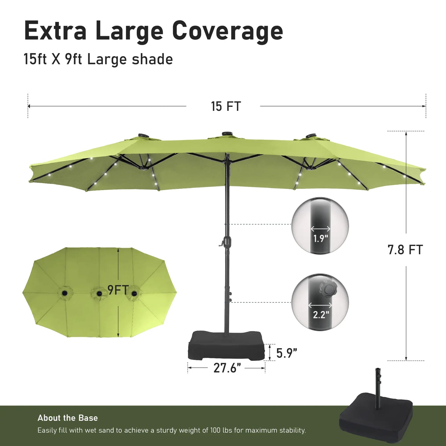 Elevate Your Outdoor Comfort☂️15-foot Large Outdoor Patio Umbrella with Base – LED Lights Optional