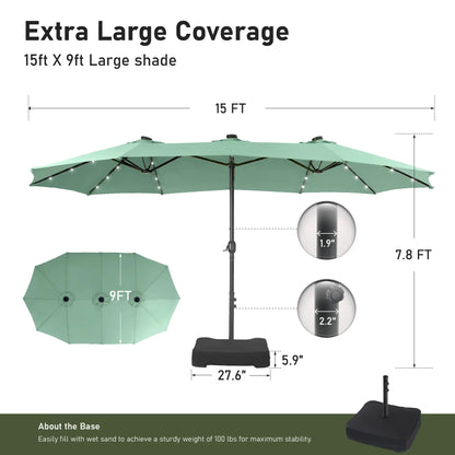 Elevate Your Outdoor Comfort☂️15-foot Large Outdoor Patio Umbrella with Base – LED Lights Optional