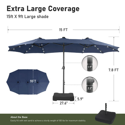 Elevate Your Outdoor Comfort☂️15-foot Large Outdoor Patio Umbrella with Base – LED Lights Optional