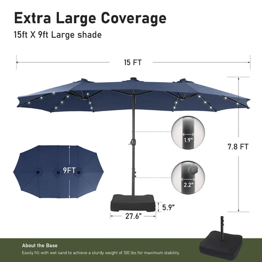 Elevate Your Outdoor Comfort☂️15-foot Large Outdoor Patio Umbrella with Base – LED Lights Optional