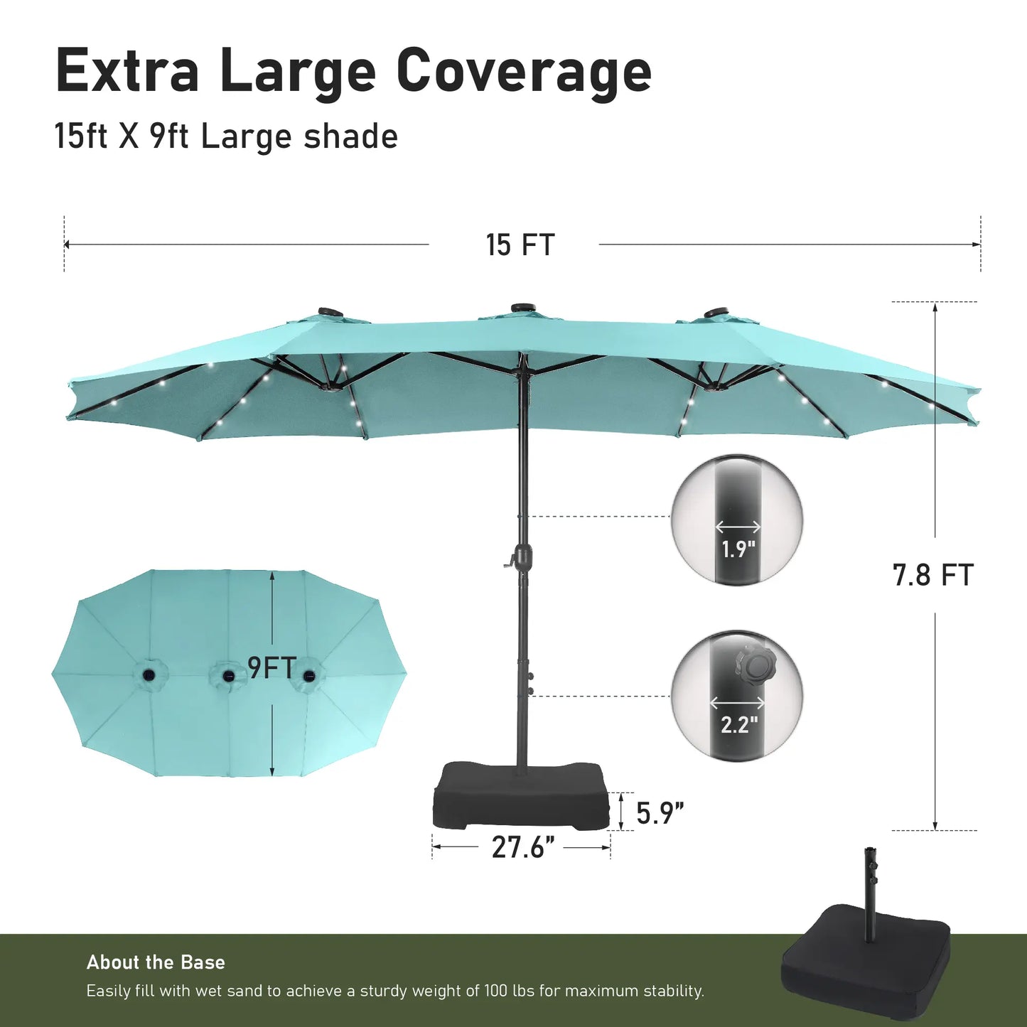 Elevate Your Outdoor Comfort☂️15-foot Large Outdoor Patio Umbrella with Base – LED Lights Optional
