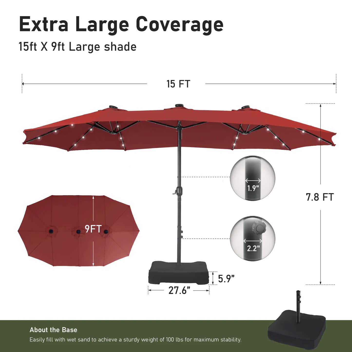 Elevate Your Outdoor Comfort☂️15-foot Large Outdoor Patio Umbrella with Base – LED Lights Optional