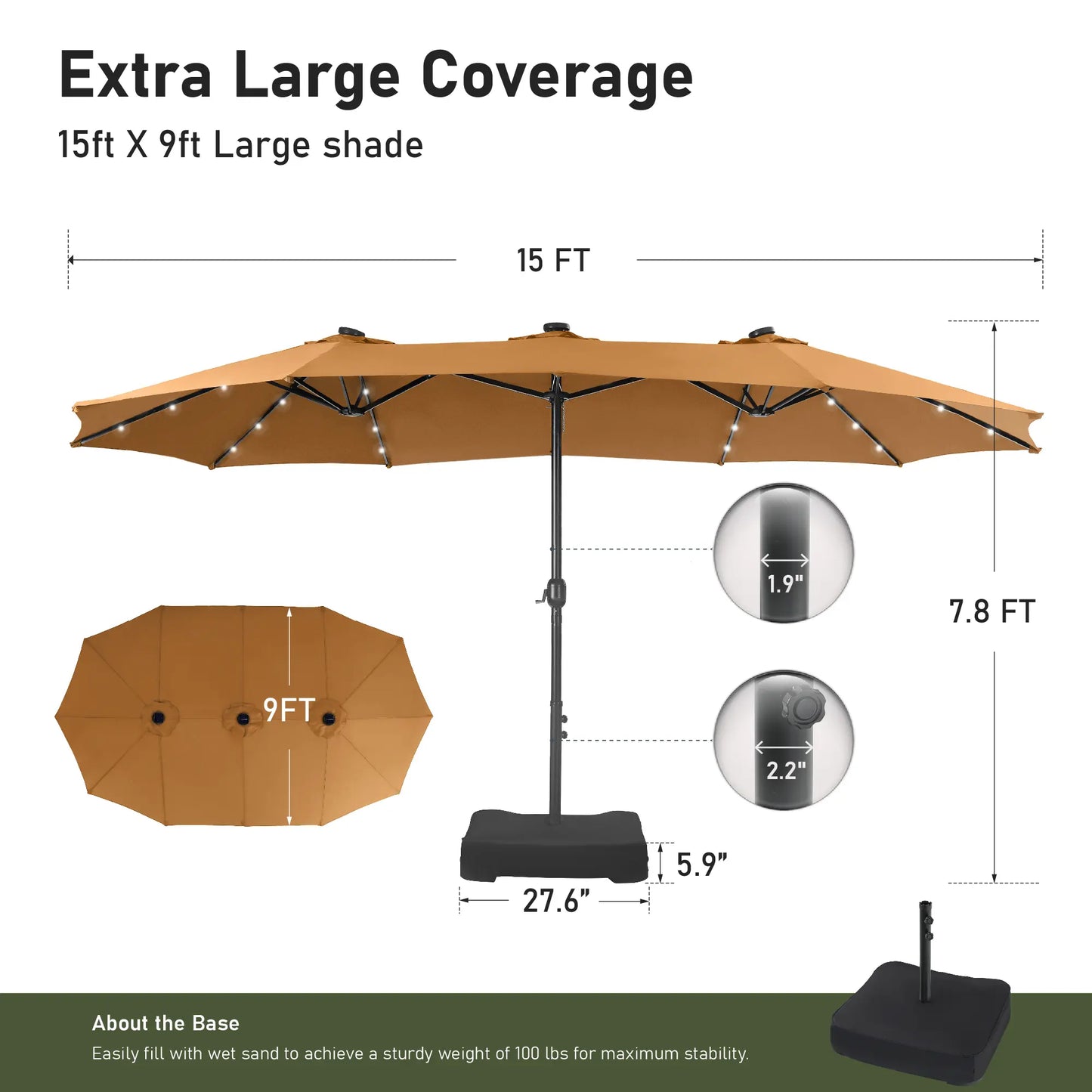 Elevate Your Outdoor Comfort☂️15-foot Large Outdoor Patio Umbrella with Base – LED Lights Optional